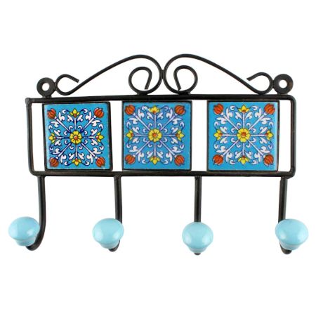 Turquoise Ceramic Floral Tiles Wall Hook